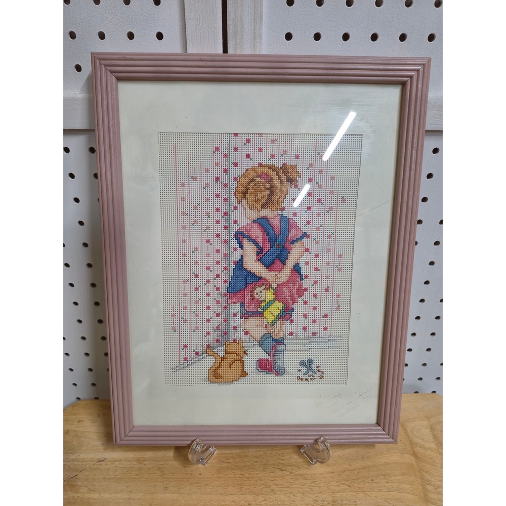 Vintage 1995 Handmade Cross Stitch Framed Art Girl with Cat and Doll Pink Frame